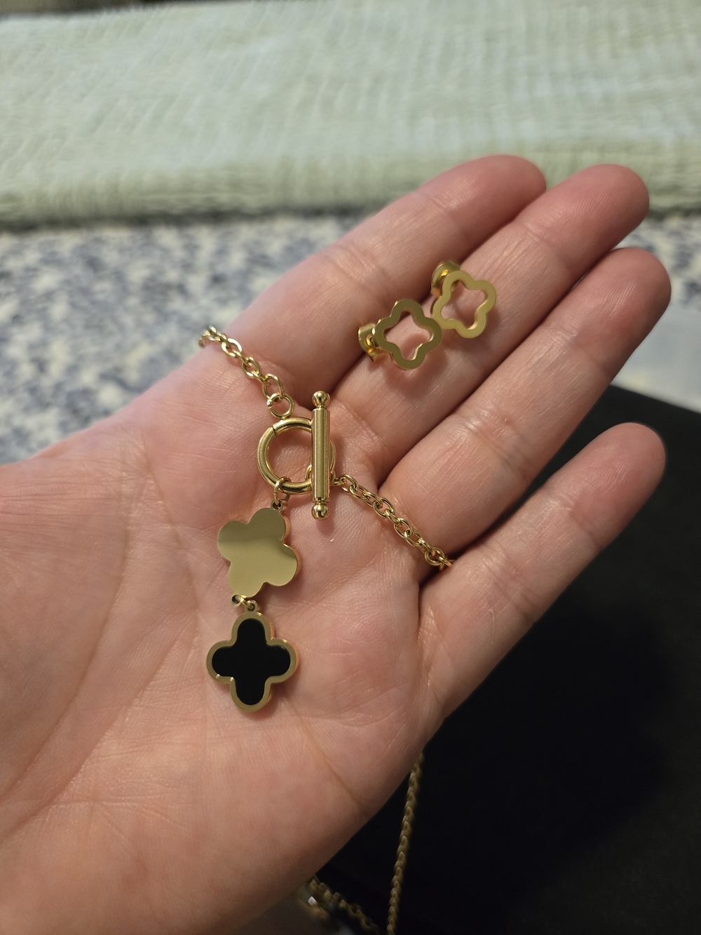 Gold Clover Drop Necklace and Stud Earrings with Black Inlay